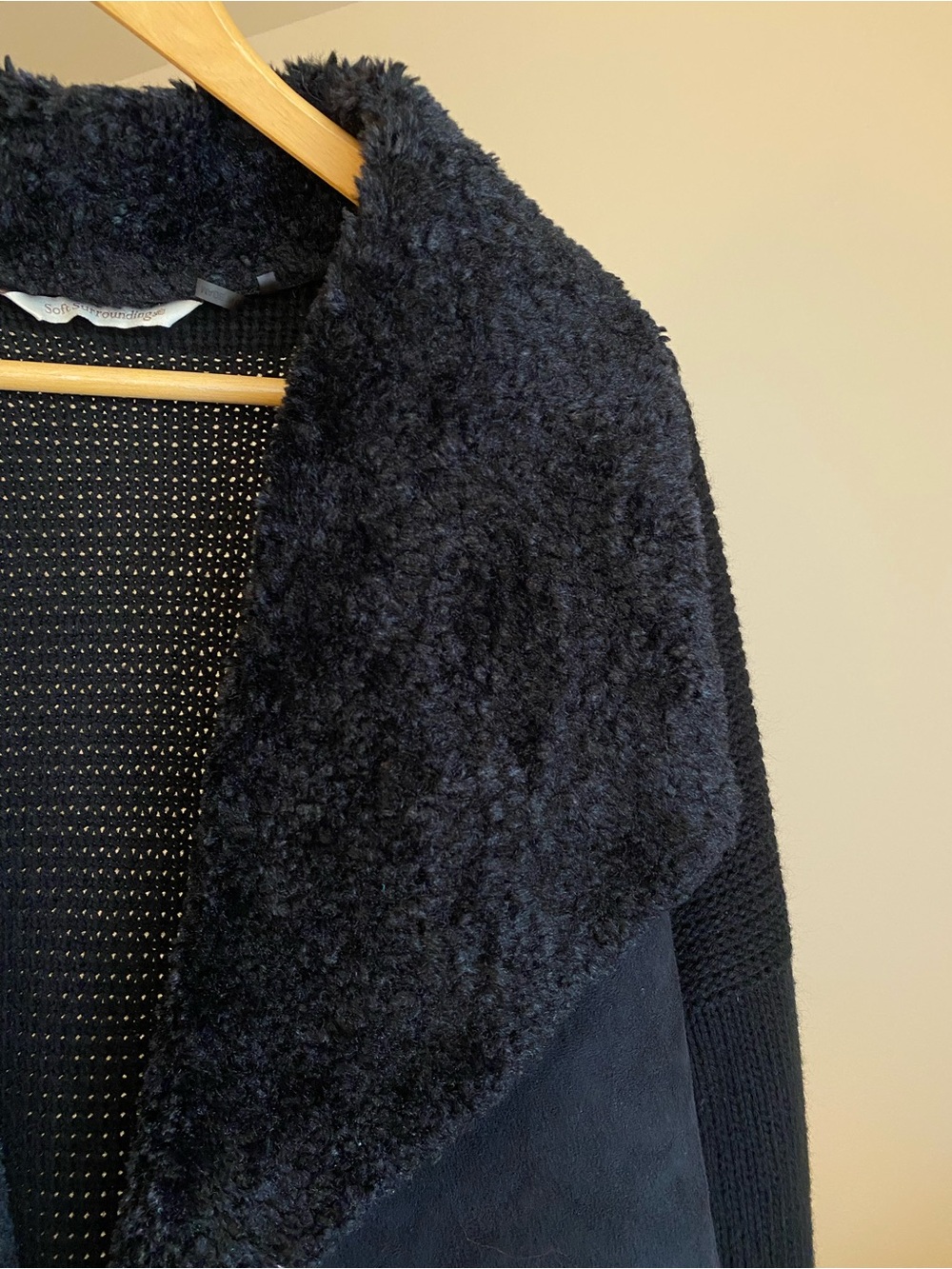 SOFT SURROUNDINGS Faux Suede/Sherling Knit Open Front Cardigan in Black - S
